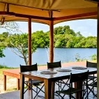 Internal view of a seating area at Loango Savannah Camp, Gabon