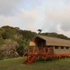 Exterior view of a tent at Loango Savannah Camp, Gabon