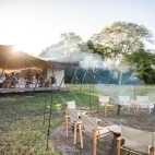 View of the outdoor dining at Chicari Camp, Gorongosa, Mozambique.
