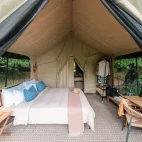 Interior view of a safari tent and en suite at Chicari Camp, Gorongosa, Mozambique.