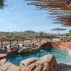 The decking area and pool in the sunshine, at Jock Safari Lodge.