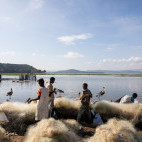 Locals gathering fishing nets at Lake Awassa in Ethiopia.