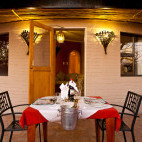 Outdoor seating area at Halali Camp in Namibia