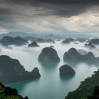View of the Raja Ampat archipelago shrouded in mist, Indonesia 