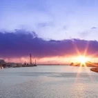 A sunset over Kushiro City harbour, Hokkaido.