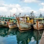 Boats docked on the waterfront in Kota Kinabalu, Borneo