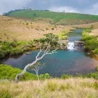 Landscape with man made waterfall