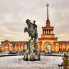 David of Sassoun statue and Yerevan railway station in Armenia