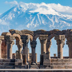 Zvartnos temple and Ararat Mountain in Yerevan, Armenia