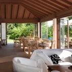 The restaurant area at Reef Resort, Tonga, with sea view.