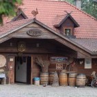 Exterior of Kiermusy Dworek in Poland.