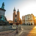 Adam Mickiewicz monument and St Mary's Basilica in Krakow, Poland