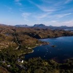 Aerial of Eddrachilles Hotel in Sutherland, Scotland