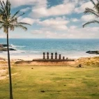 View of Anakena Beach & Ahu Nau Nau in Easter Island, Chile