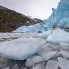 Blocks of ice by a glacier in Patagonia, Chile.