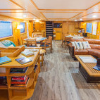 Dining room on board Cachalote Explorer in the Galapagos Islands.