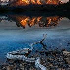 Reflection of the Towers and Central Massif on Lago Pehoe, Torres del Paine National Park in 
Chile.