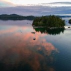 Aerial of Sitka Sound at sunset in Alaska