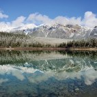 Pyramid mountain and reflection in Pyramid Lake near Jasper National Park, Canada