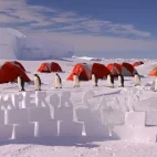 Handmade ice sign at the Gould Bay camp, Antarctica.