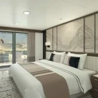 Image of one of the Magellan Discoverer cabins, with view to the ocean.