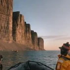 View of the cliffs of Prince Leopold Island from aboard a Zodiac, Arctic Canada.