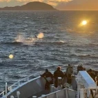 Guests observing a whale from the deck of Explorer, in the Arctic.