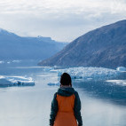 Tourist in Nordvest Fjord, Greenland.