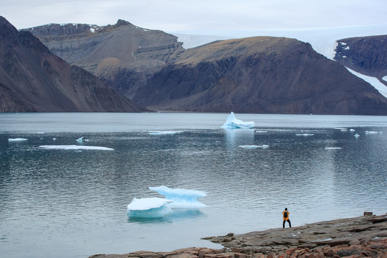 Traveller admiring the view of Ellesmere Island, Canada.