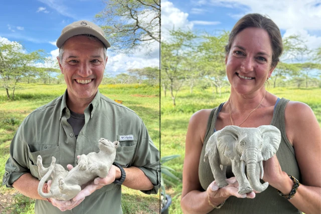 Clients with their sculptures on Ndutu Wildlife Art Safari. Tanzania.