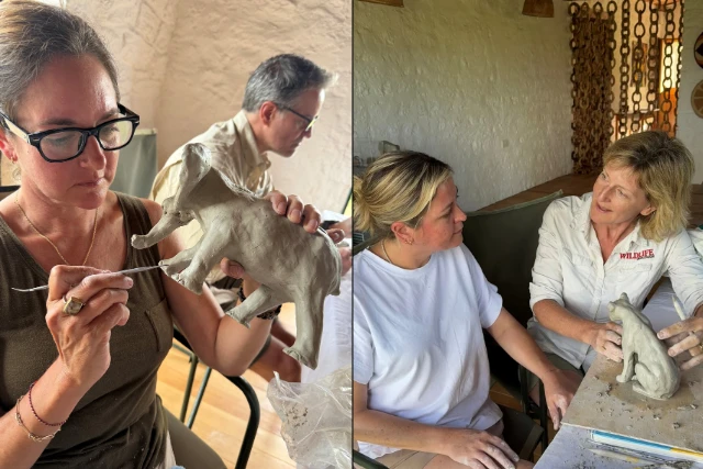 Clients sculpting with Nick Mackman, on Ndutu Wildlife Art Safari. Tanzania.