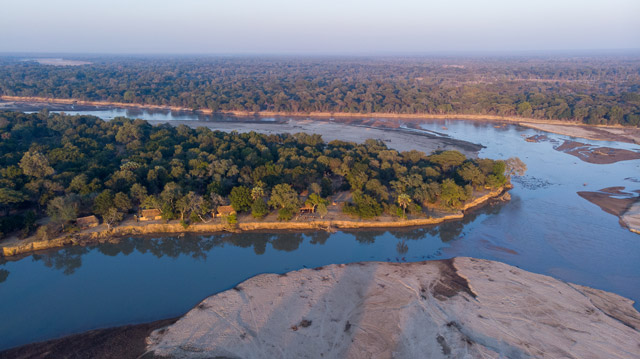 Aerial of Takwela Camp in North Luangwa National Park, Zambia.