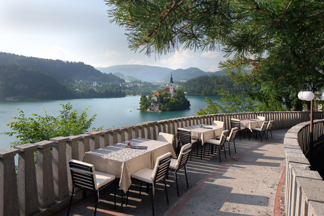 Lake Bled from Belvedere Pavilion in Slovenia.